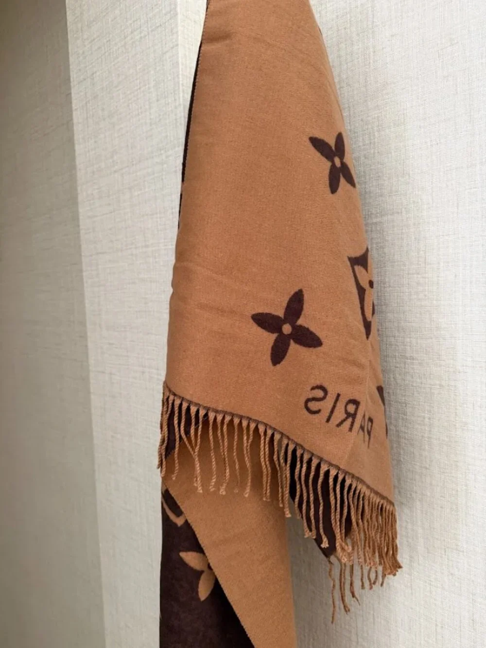 Brown Tan Reversible Monogram Oversized Scarf Shawl Wrap Fringe Luxury Style